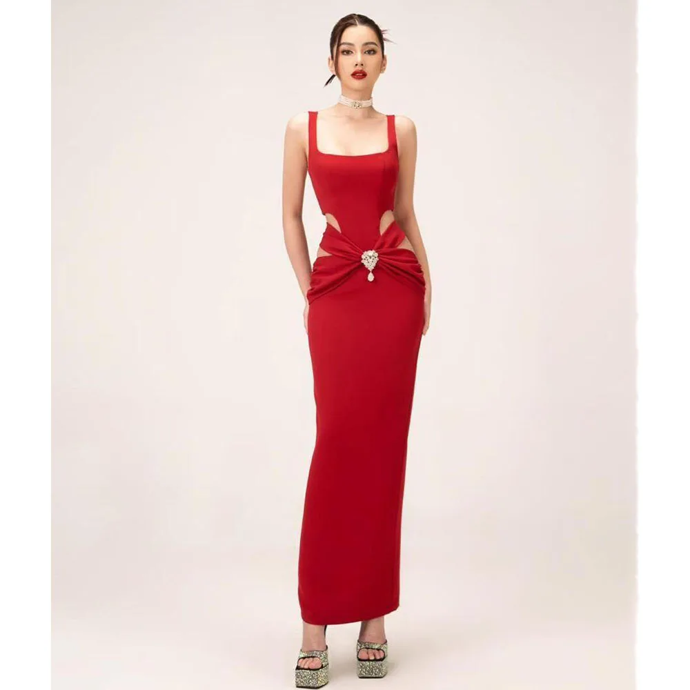 

Elegant Red Evening Dress Women Square Collar Sleeveless High Quality Mermaid Banquet Hollow Out Sexy Floor Length Female Gowns