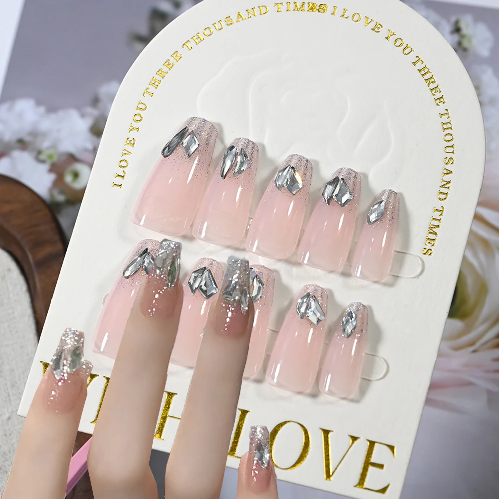 

24Pcs Pink Glitter Rhinestones Fashion Fake Nails Light Pink Handmade Full Cover Press On Nail Wearable Artificial False NailTip