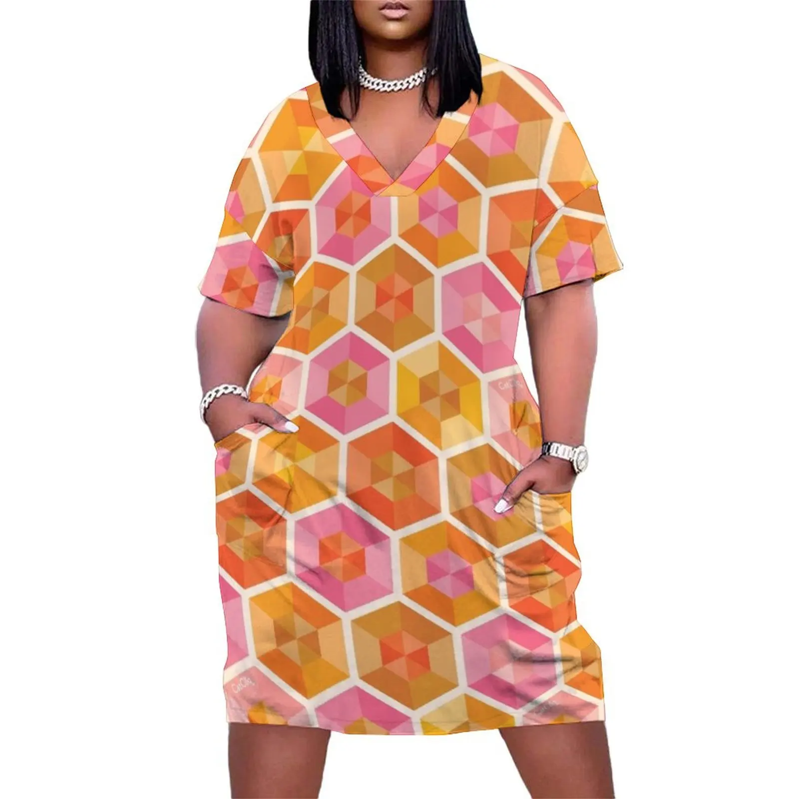 

Hexagon Gems – Retro Sunshine Loose Pocket Dress Women's long dress dresses with long sleeves