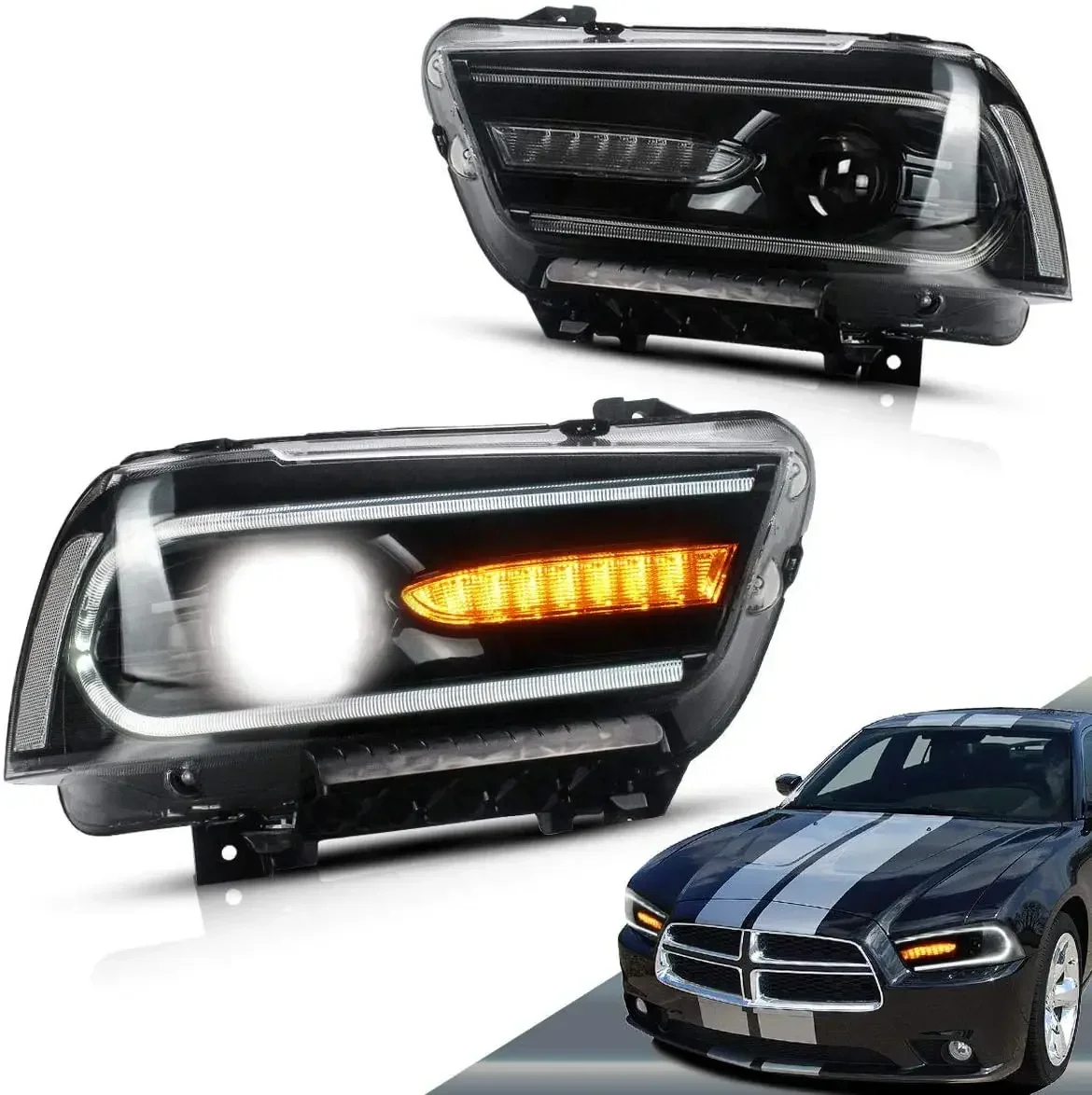 

Led Headlights Compatible with Dodge Charger 2011 2012 2013 2014(Not fit 2012 Dodge Charger SE) w/Amber Sequential Turn Si