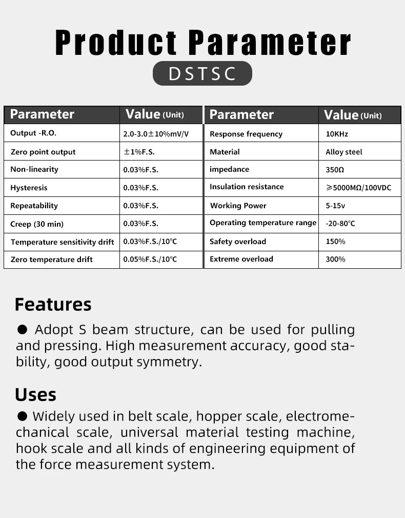 DYTSC-200 500lb 750lb 50KG 500 kg 2000KG tension compression weighing sensor tension pressure beam s-type load cell