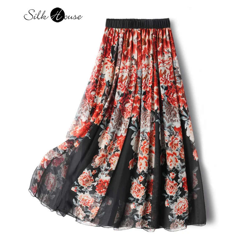 

Women's Casual New 100% Natural Mulberry Silk Georgette Positioning Printing A-line Large Swing with Inner Lining Skirt