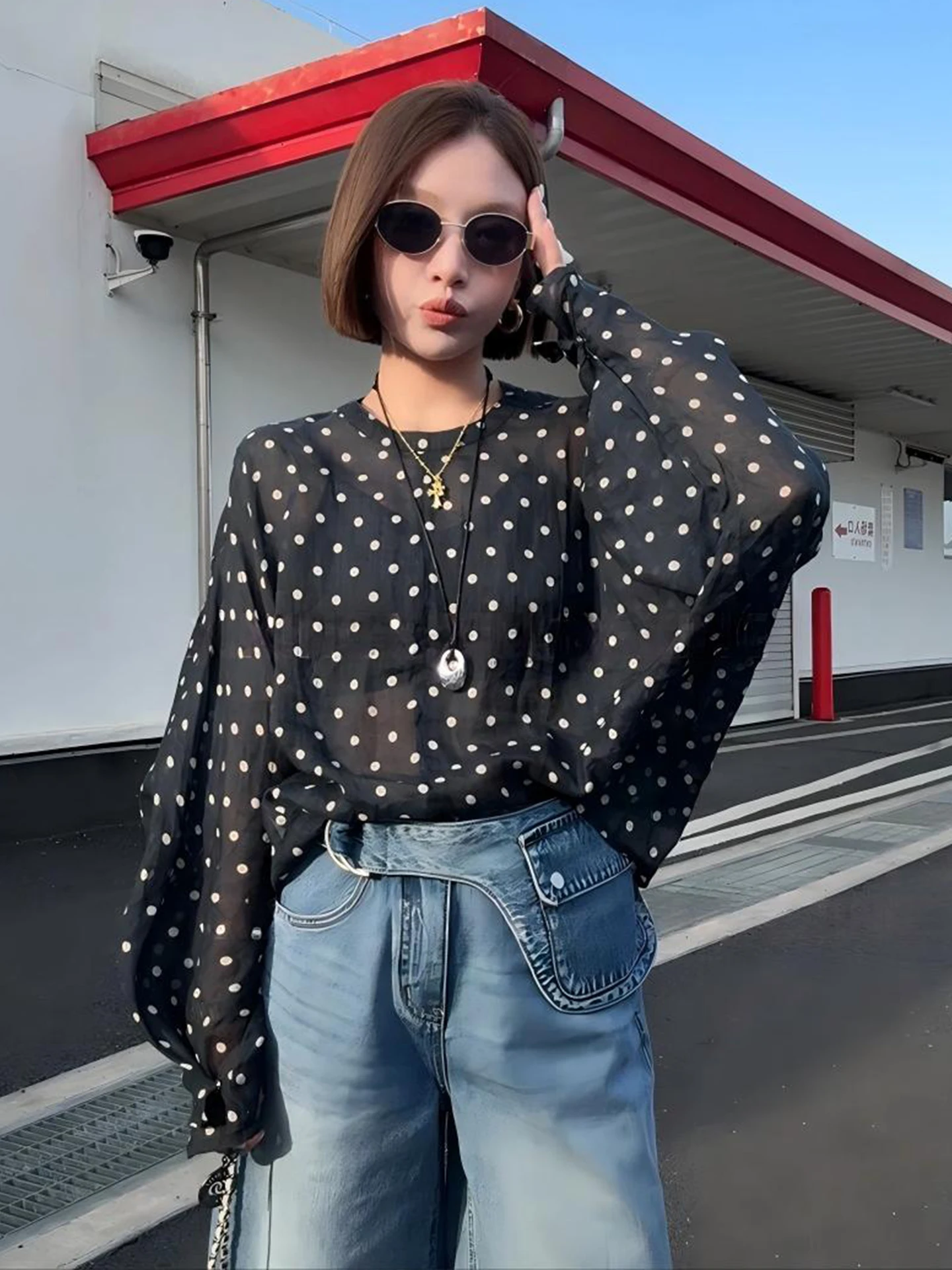 Retro Contrast Color Polka Dot Print Women's irt Thin Summer Long Sve round Ne Overhead Sun Protection Top Casual Sl...