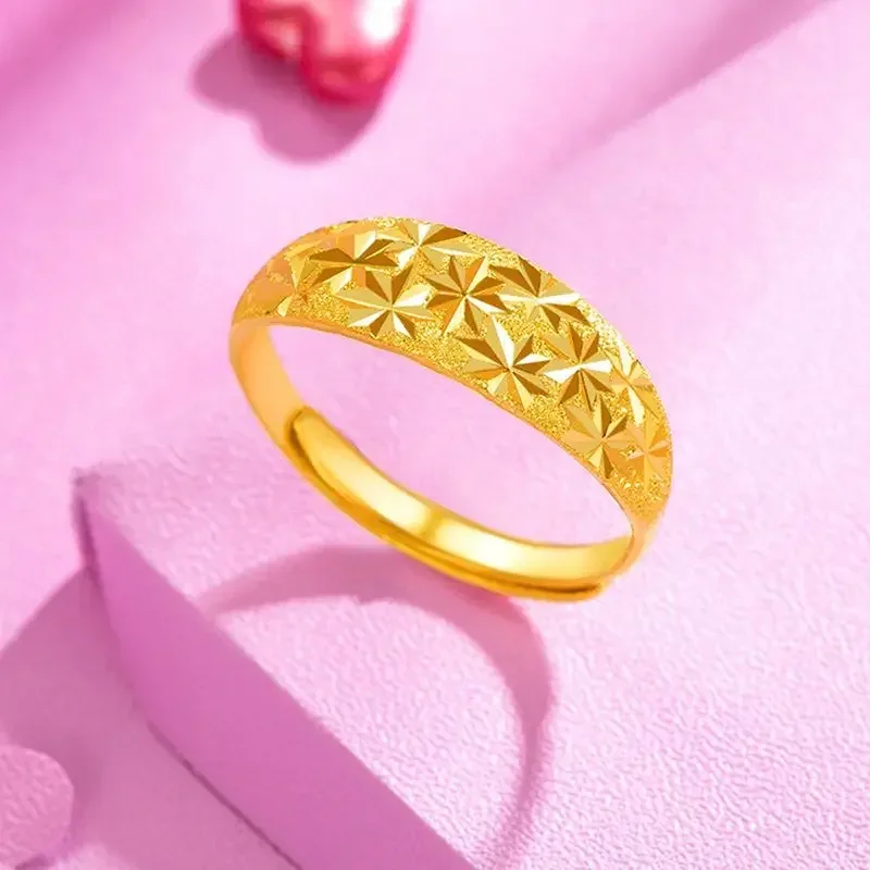 Real Gold Full Star Smooth Open Ring, To Attract Wealth and Prosperity Solid Gold Ring for Valentine's Day Jewelry Accessories