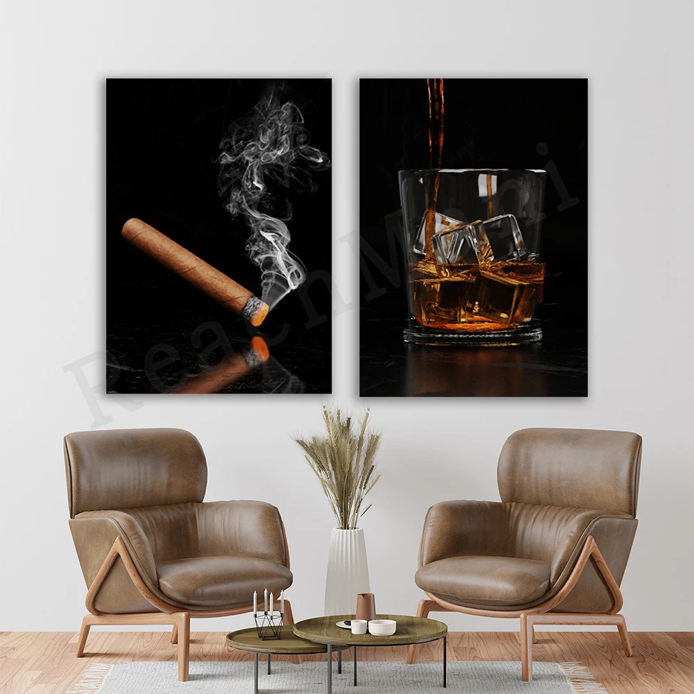 Whiskey and Cigar Cigarette Image Painting, Nordic Posters and Prints, Bar, Pub and Kitchen Wall Decor Art Posters