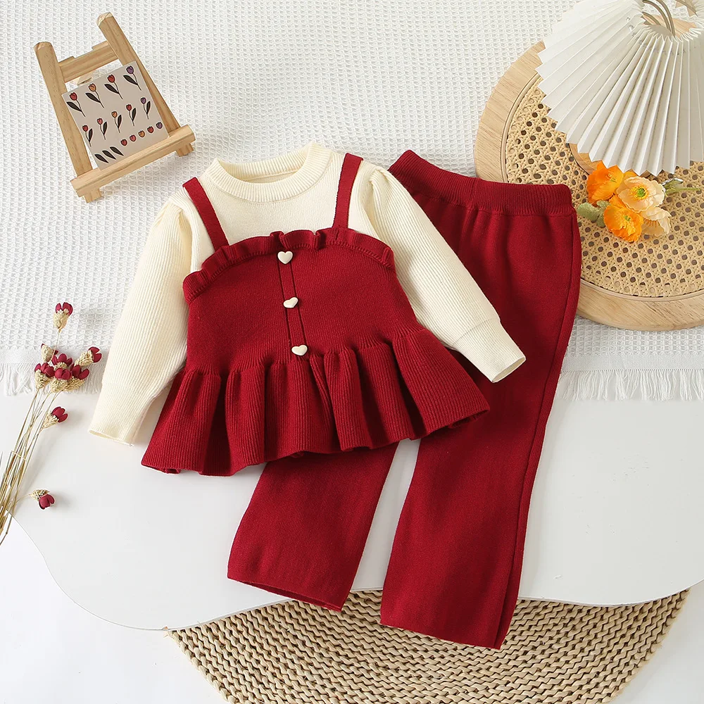 2025 Spring Autumn 1-6Y Girls 2PCS Clothes Set Heart Button Lace Hem Kids Girls Fake Two Knitwear Elastic Waist Girls Pants Suit