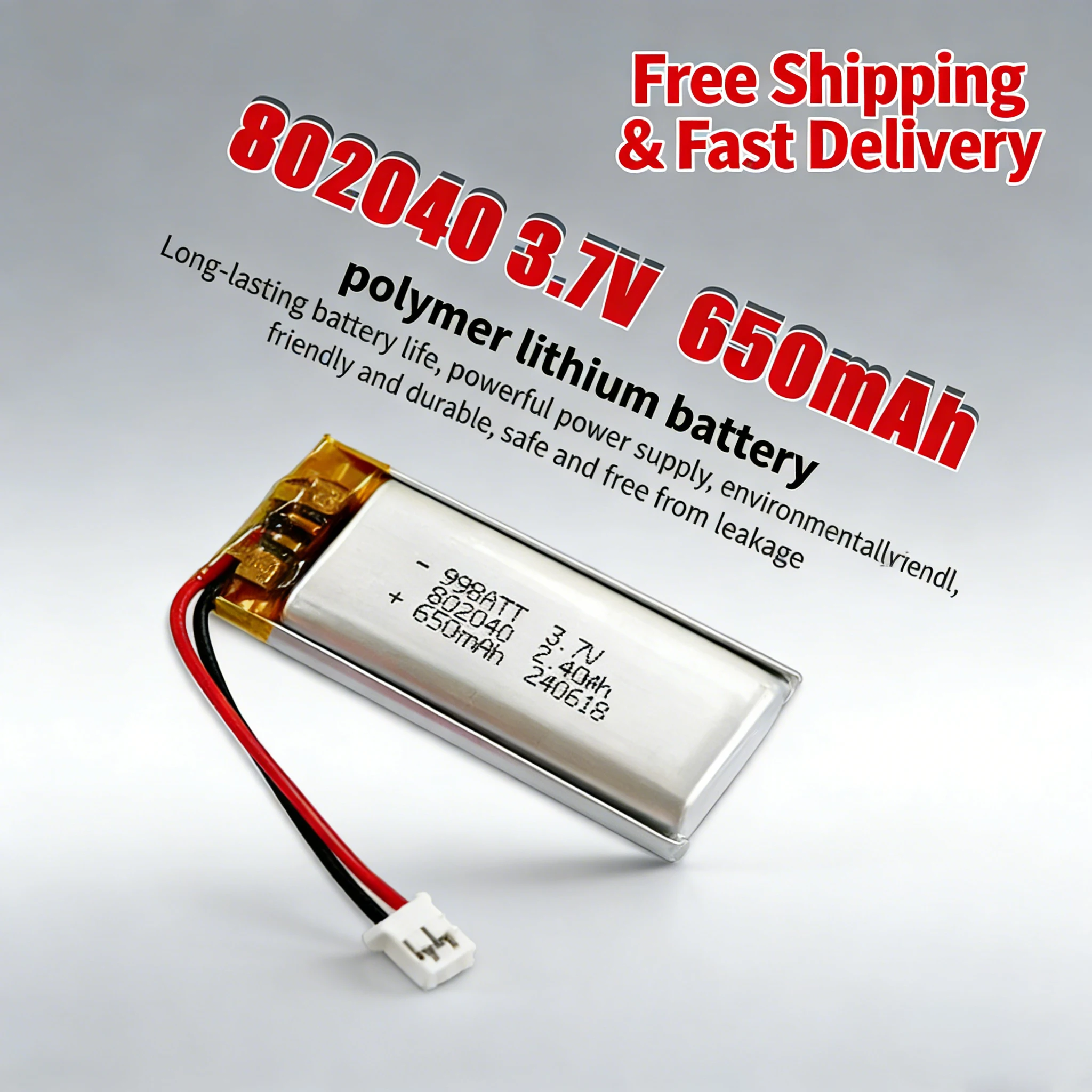 

10Pcs 3.7V 650mAh 802040 Lipo Battery with PH 2.0mm 2-Pin Plug, Rechargeable Lithium Polymer Cell for Toys, GPS, Smart Bracelet
