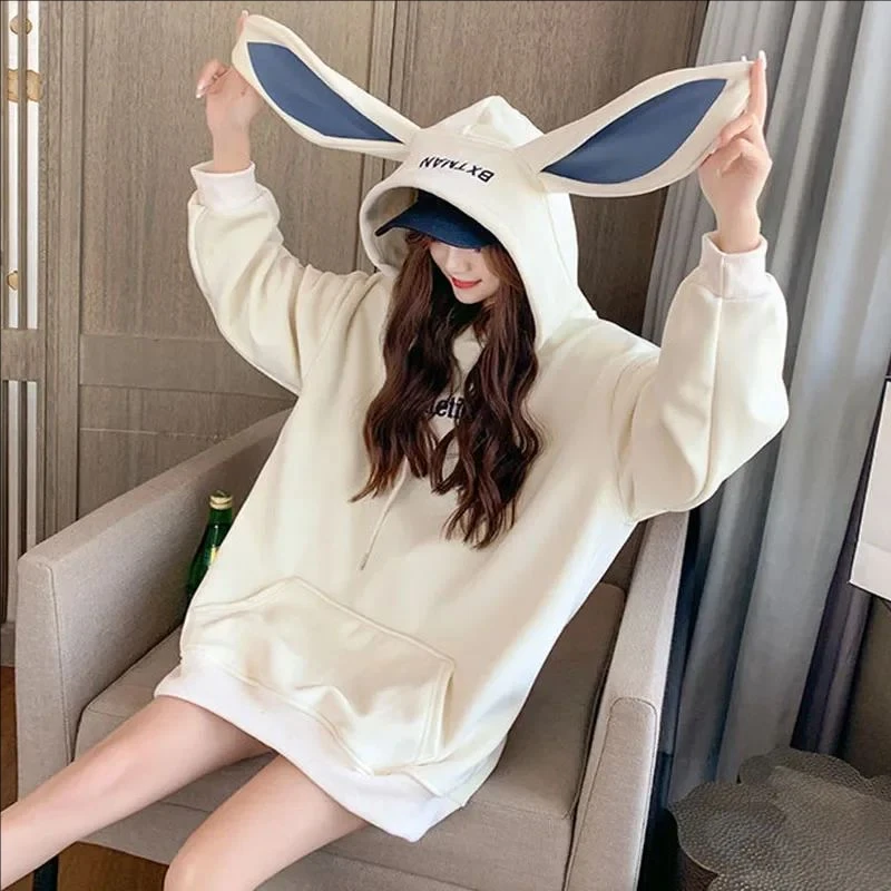 

Women Hoodies With Rabbit Ear Autumn Winter Fleece Thicken Warm Ladies Harajuku Sweatshirts Female Hooded Pullovers Casual Tops