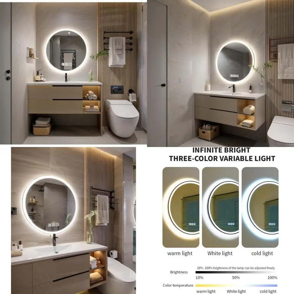 กระจกห้องน้ำอัจฉริยะ LED ทรงกลมขนาด 24 นิ้ว พร้อมไฟวงกลม ป้องกันฝ้า ปรับความสว่างได้ 3 สี แสงหน้าและแสงหลัง CRI90+