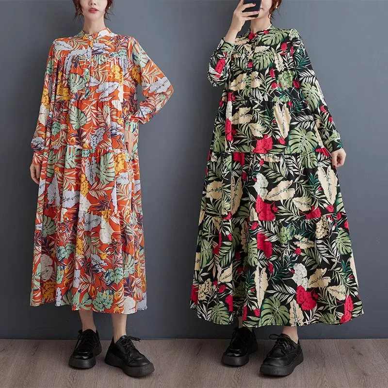 

2024 Spring Autumn Korean Edition Printed Shirt Dress Women Half Open Collar Loose Large Size Mid Length Art Retro Dress Z4248