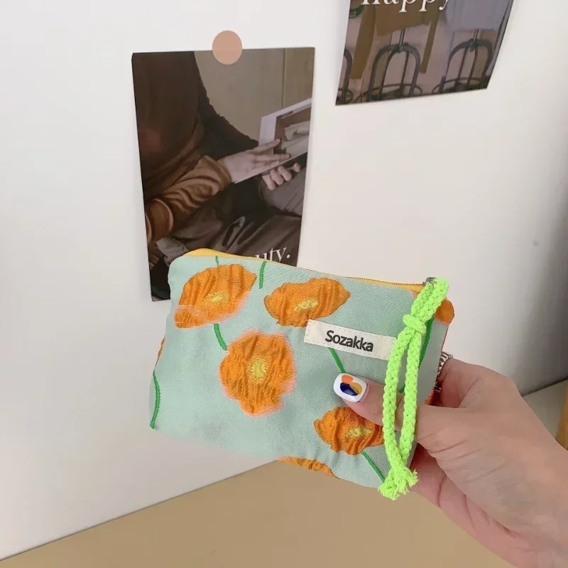 Small Floral Sanitary Napkins Bag Earphone Bag Cute Women Wallet Mini Clutch Purse Coin Purse Cotton Bag Fresh Cute Card Bags