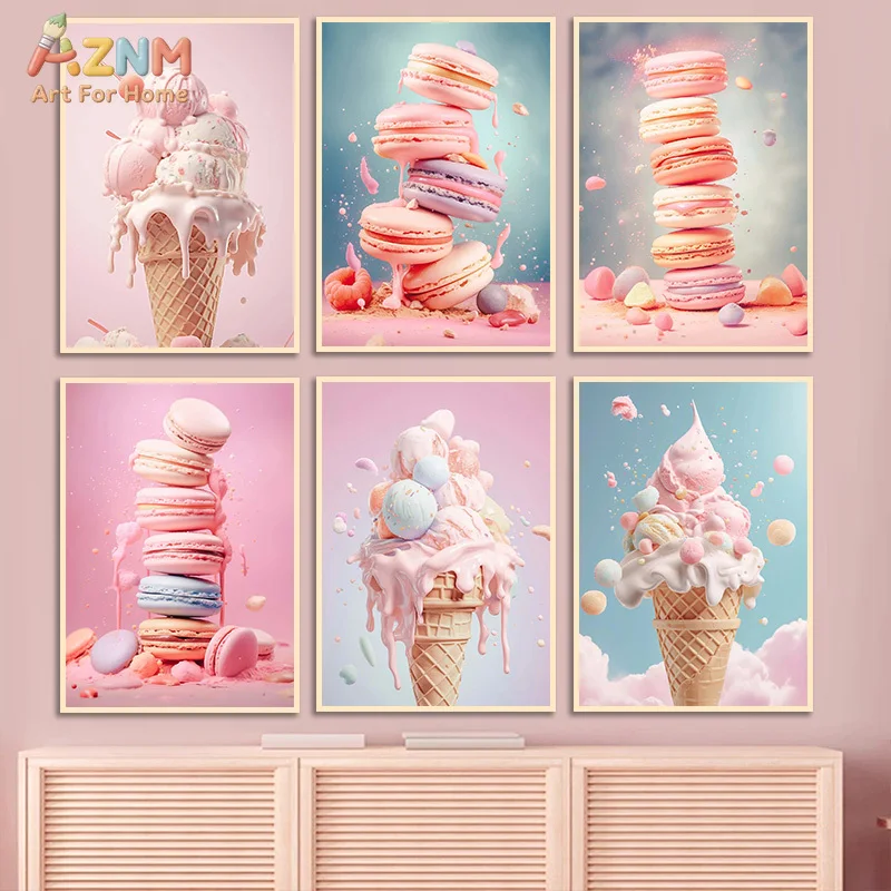 AZNM Pastel Sweet Dessert Canvas Wall Art, Ice Cream Macaron Aesthetic Print Kitchen Girls Bedroom Home Wall Decor Unframed Pain
