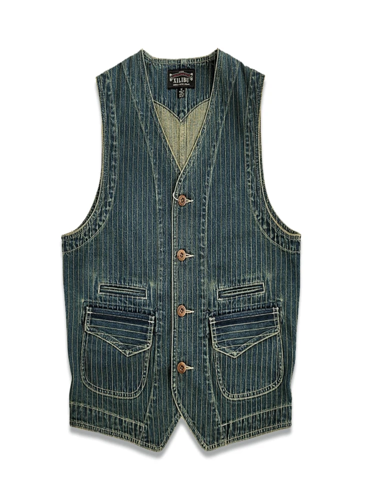 

Men's Denim Vest Striped Pockets Slim Fit Western Safari Waistcoat Vintage Gilets for Male