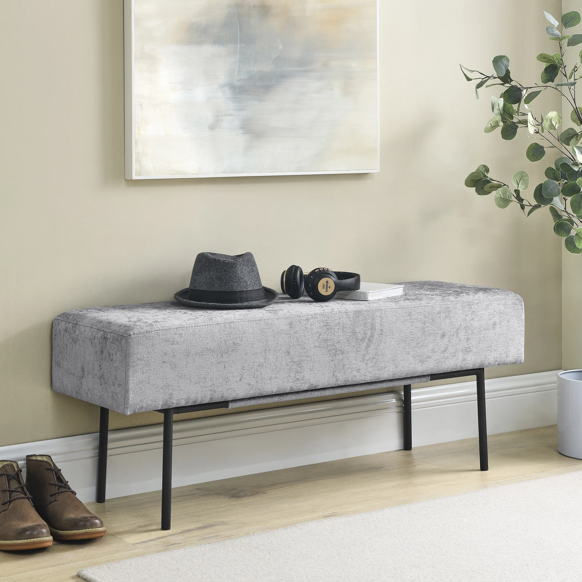 [Flash Sale]Contemporary Style Bedroom Chenille Upholstered Bench Grey 45''x13''x17'' Porch Shoe Changing Bench[US-Stock]