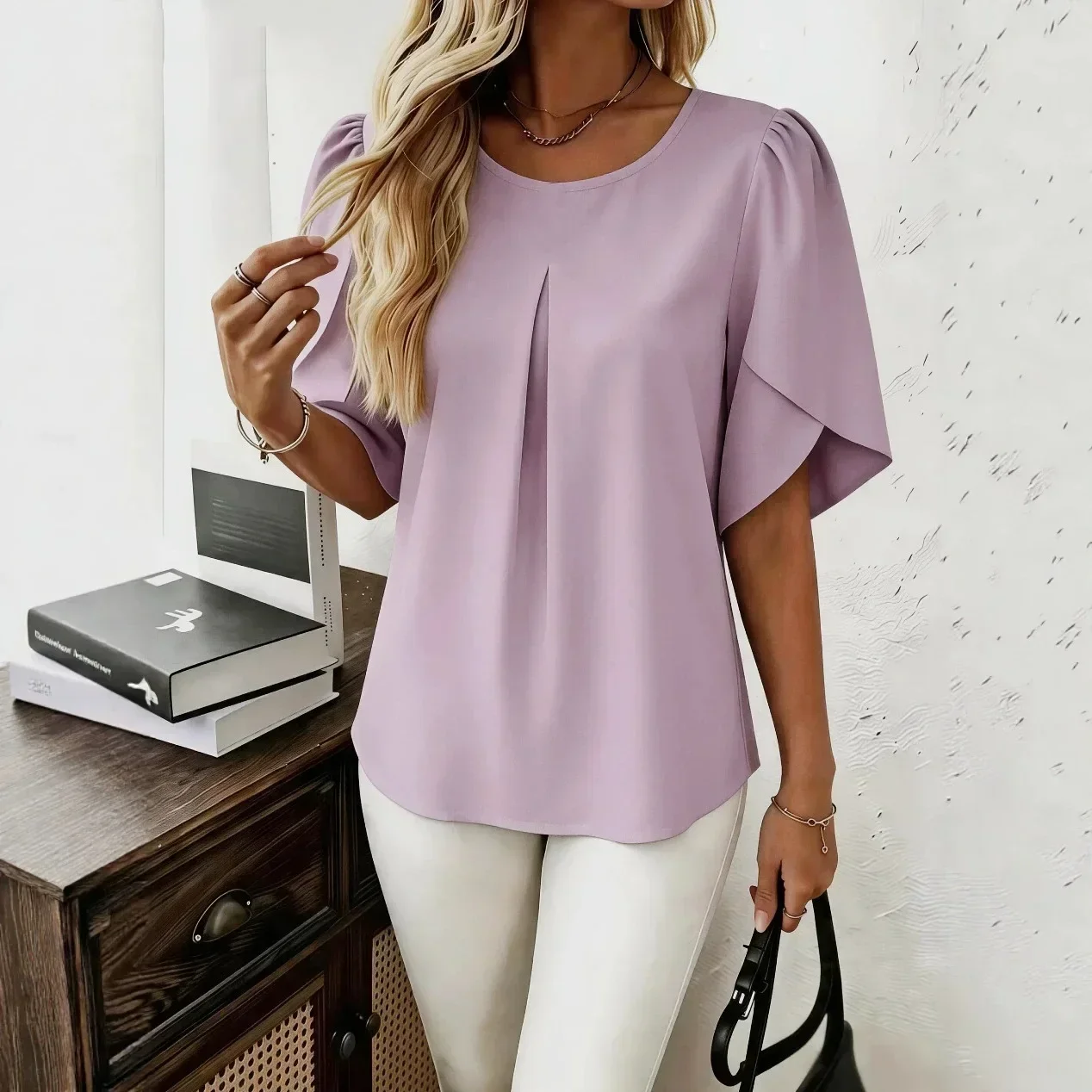 Women Round Neck Flutter Short Sleeve Blouse Solid Color Front Pleated Loose Office Commuter Summer Tops
