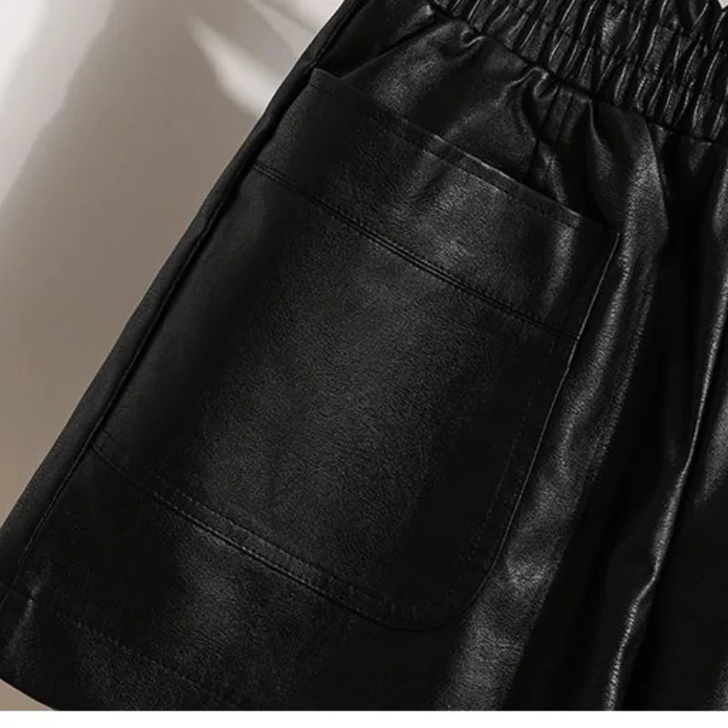 Spring and Winter New 2024 Women's Spliced Pocket Fashion Solid Color Leather Shorts Loose Wide Leg Leather Boots and Pants