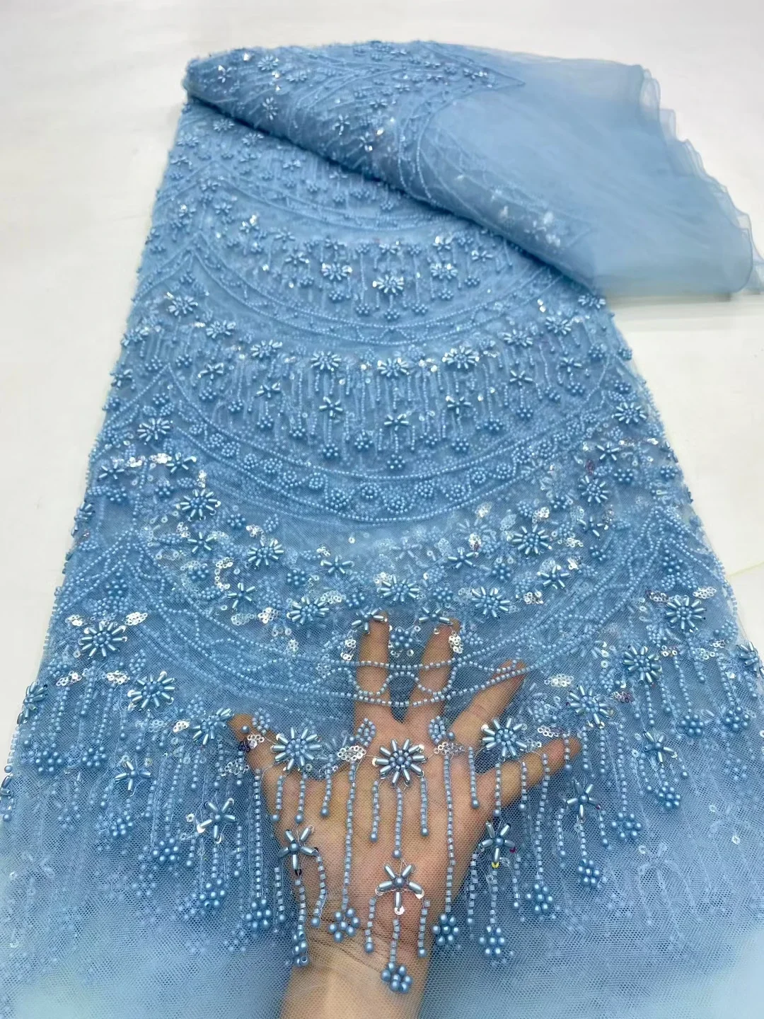 

New Style Sky Blue Beaded Sequins African Lace Fabric 2025 Heavy Beads French Nigerian Lace Fabric For Women Dress Sew LDP25138