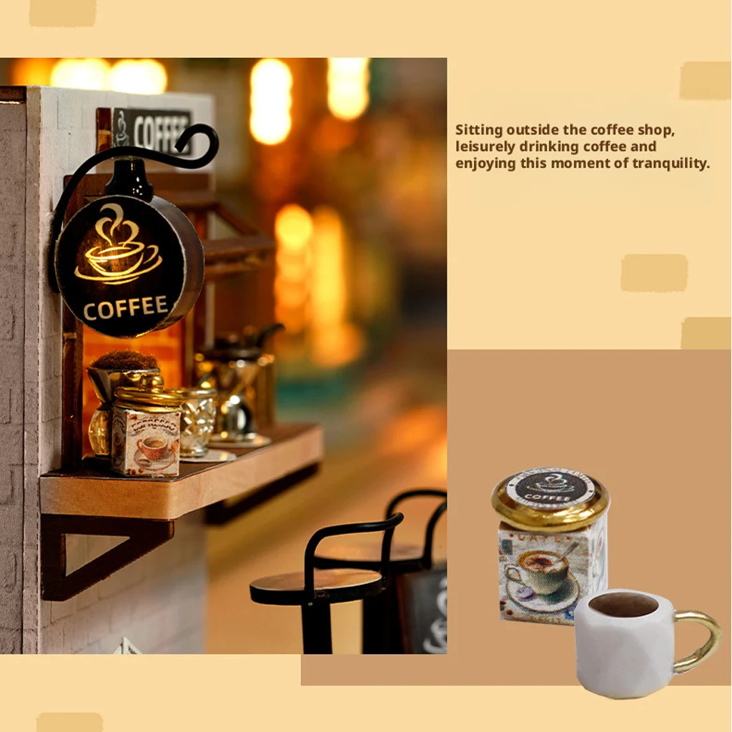 مجموعة نماذج منزلية خشبية ثلاثية الأبعاد من OUZEY "وقت القهوة المريحة" - حرفة تجميع المقهى المصغرة، هدية ديكور مكتب منزلي مبتكرة للبالغين #3