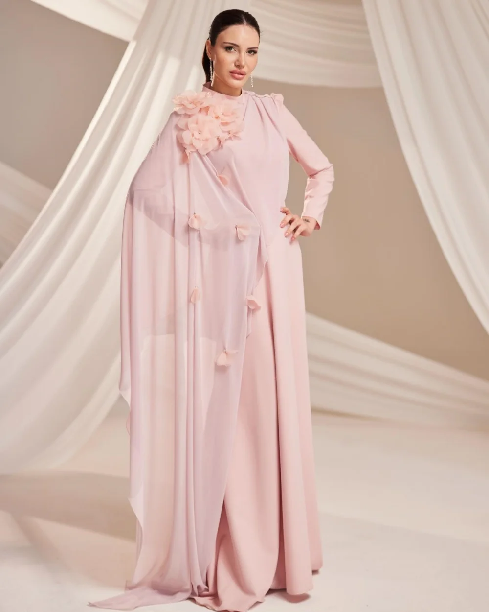 

Customized Elegant Women Jersey Handmade Flower Beading A-Line Evening Dresses Modern Style High Collar Long Sleeves Party Gowns
