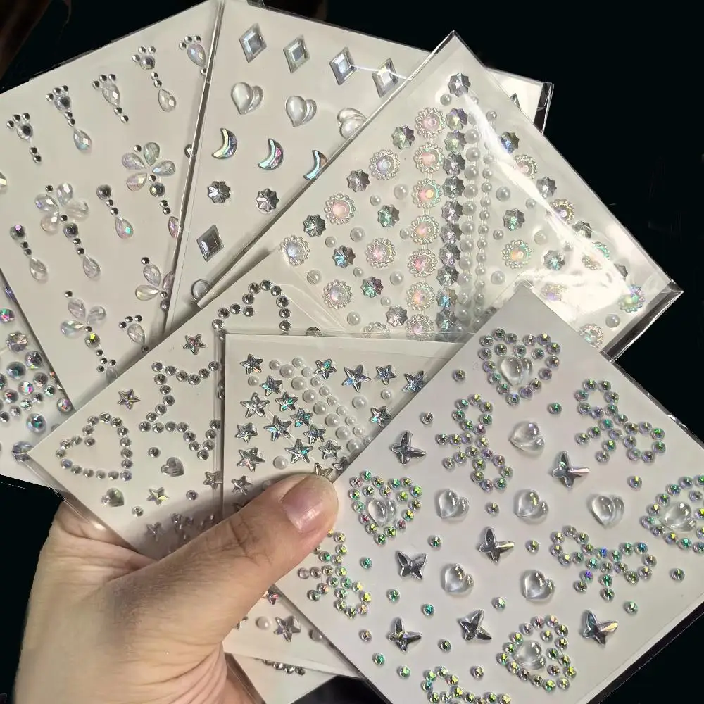 1 Sheet Laser Sparkling Star Diamond/Pearls Face Gems Stickers Heart Moon Rhinestones for Eyes/Face Stickers Temporary Tattoos