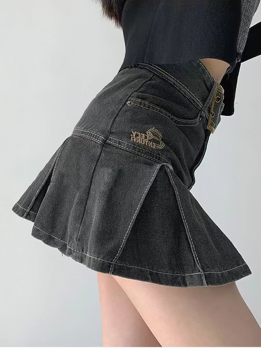 Y2k Spicy Girl Cowboy Half Skirt 2024 New Design High Waist Slim A-line Short Skirt Women's Summer Pleated Skirt