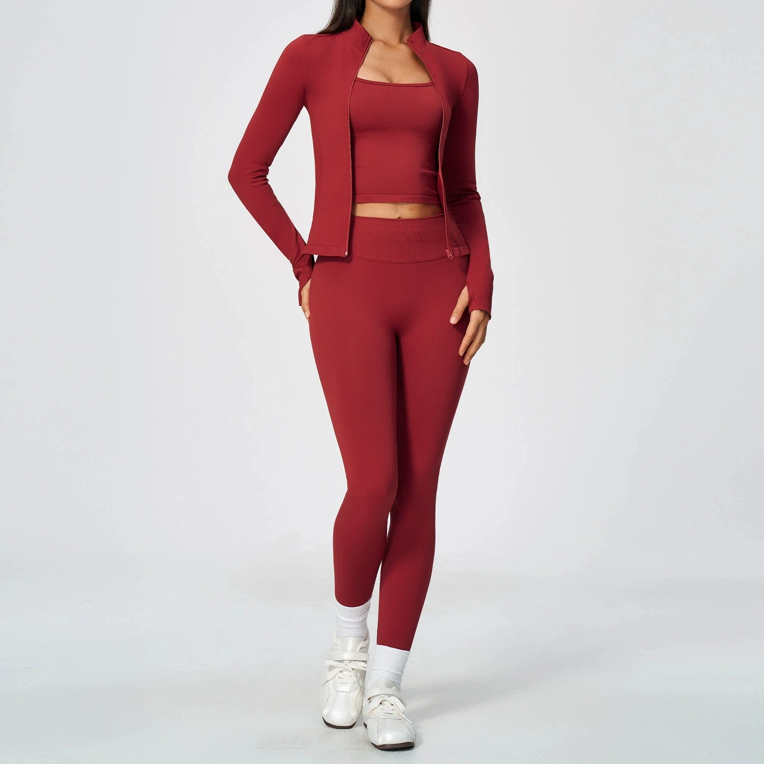 3PCS Fitness Suit Women Seamless Ribbed Yoga Set Zip Thumb Hole Jacket Sports LeggingsTracksuits Workout Gym Running Sports Suit