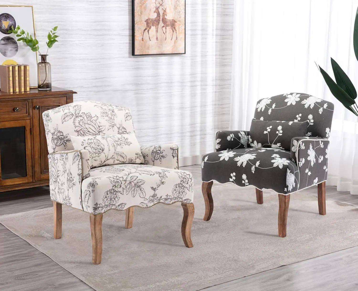 Mid Century Accent Chairs Modern Floral Armchair Upholstered Reading Chair Linen Farmhouse Single Sofa Chair With Pillow For