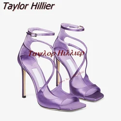 2023 Summer New Taro Purple Satin High Heels Stiletto Open Toe Sandals Square Toe Buckle Strap Sexy All-Match Women\'S Shoes 45