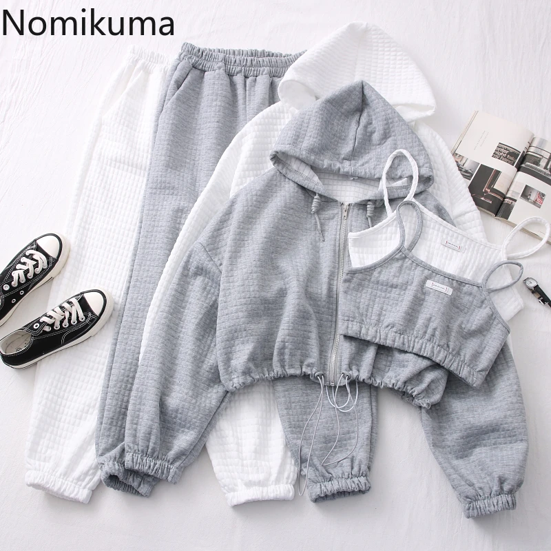 Nomikuma New Arrival Women Three Pieces Set Zip-up Long Sleeve Hooded Jackets Short Camisole High Waist Pants Casual Outfits