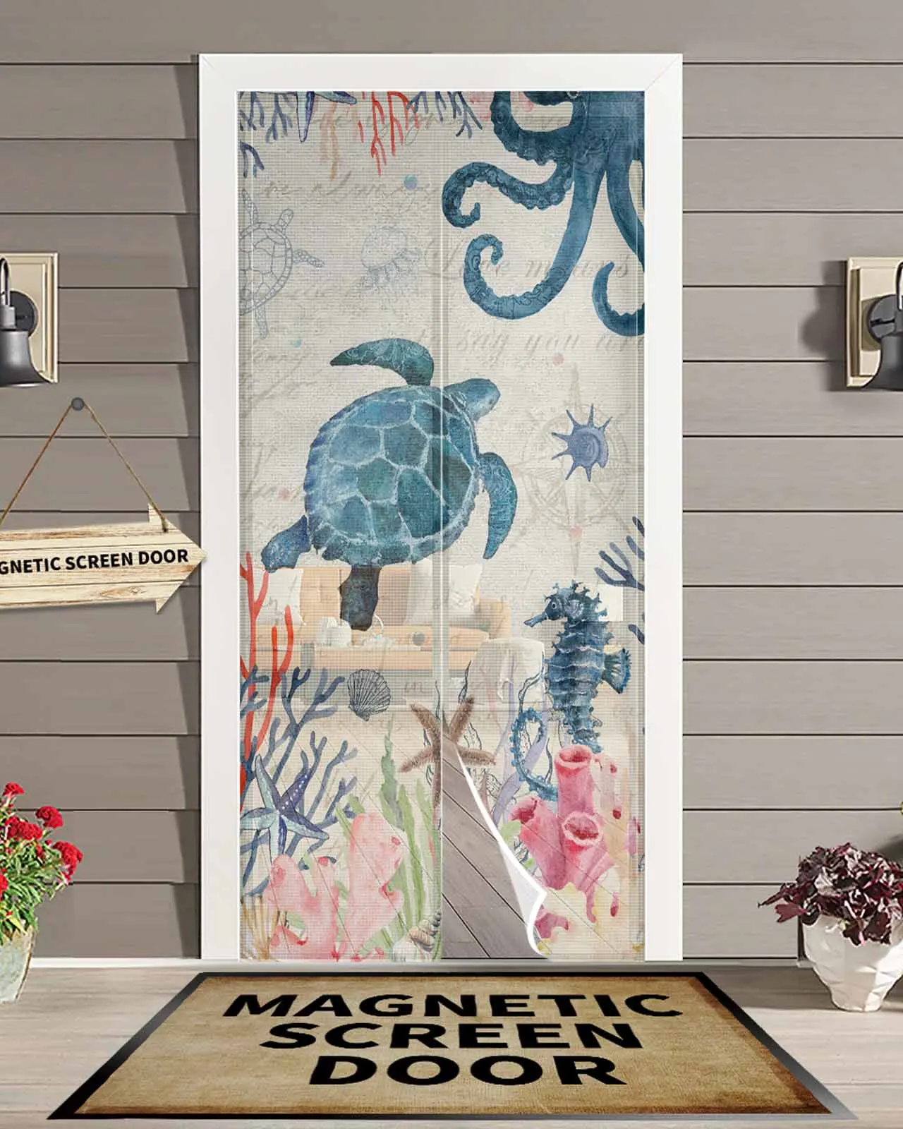 Summer Ocean Coral Turtle Octopus Summer Magnetic Door Curtain Living Room Bedroom Home Anti-mosquito Screen Door Curtain