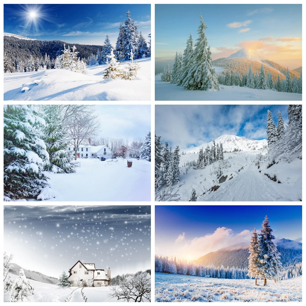 Fondos de fotografía de paisaje de invierno, Montañas nubladas, árboles de pino, nieve blanca, retrato de bebé, estudio fotográfico