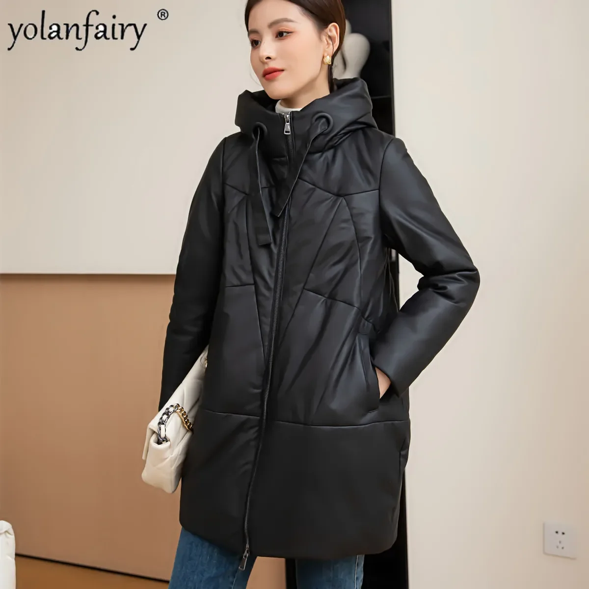 YOLANFAIRY سترة نسائية من الجلد الطبيعي معطف شتوي من جلد الغنم للنساء متوسطة الراقية سترات سميكة كبيرة الحجم ملابس الخريف
