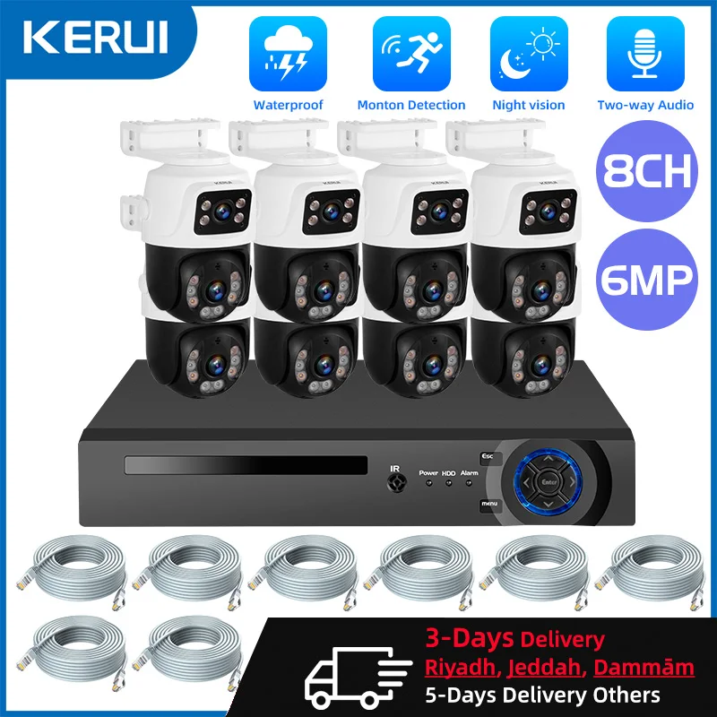 KERUI HD POE 감시 카메라 시스템, 듀얼 렌즈 PTZ 와이파이 IP 홈 보안, 8CH POE NVR 비디오, H.265 CCTV 키트, 2K, 4MP, 6MP, 8CH 