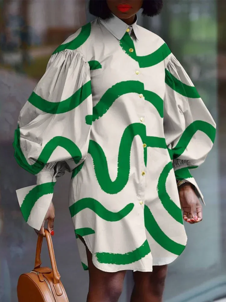 

2024 Fashion Shirt Dress Lantern Sleeve Large Print Women's Casual Loose Long Shirts 2XL 3XL African Ladies Y2K Dresses