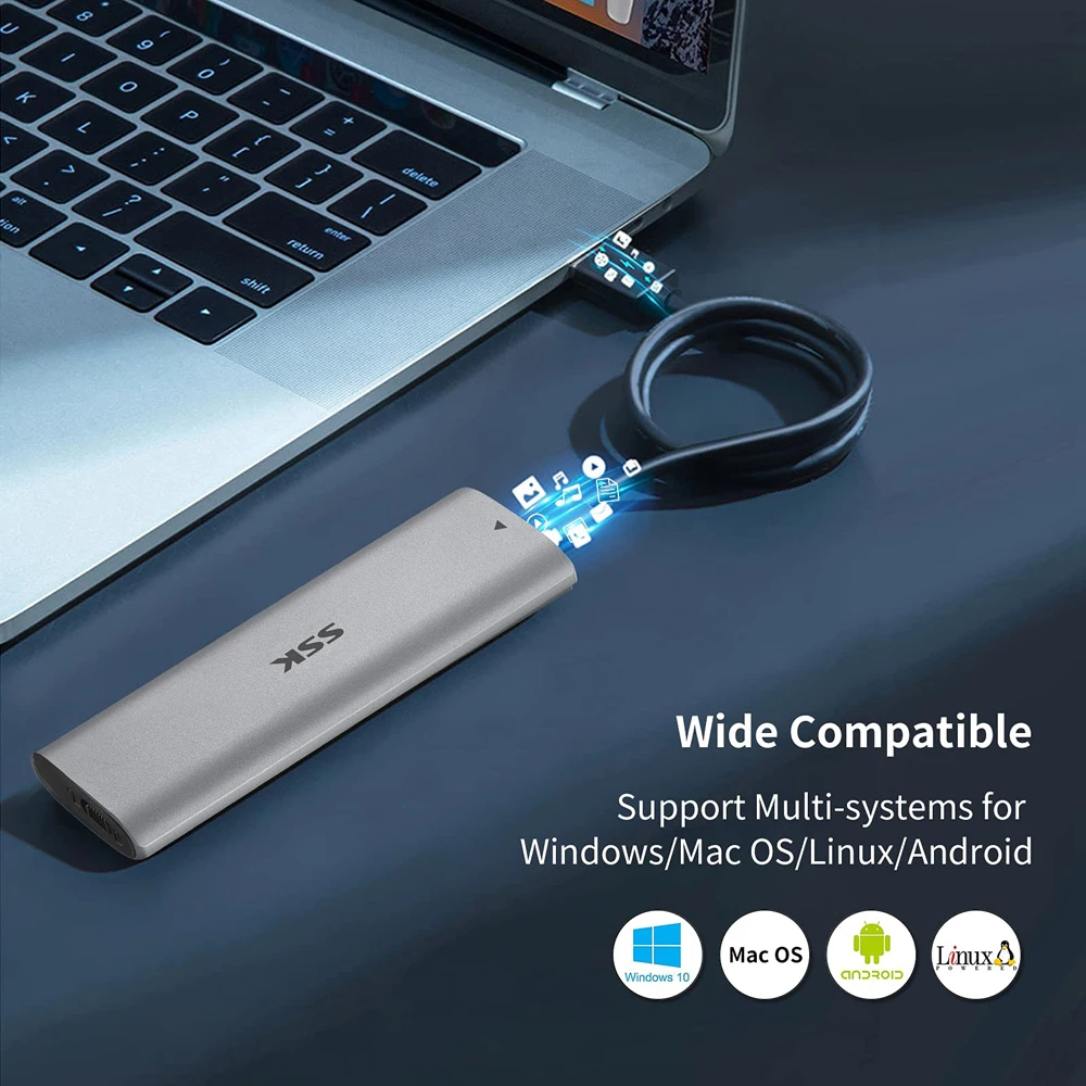 SSK M.2 NVMe Enclosure Tool-Free SSD Enclosure Adapter USB C 3.2 10Gbps External Solid State Drive Case Support UASP/Trim for PC