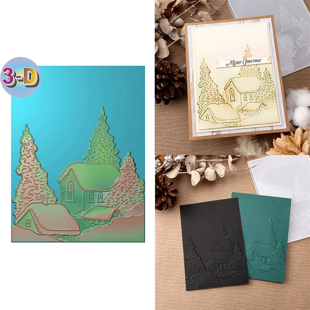 Christmas Tree Hillside House 3D Embossing Folder and Matching Dies for Adding Textured Detail To Paper Crafting Card Making