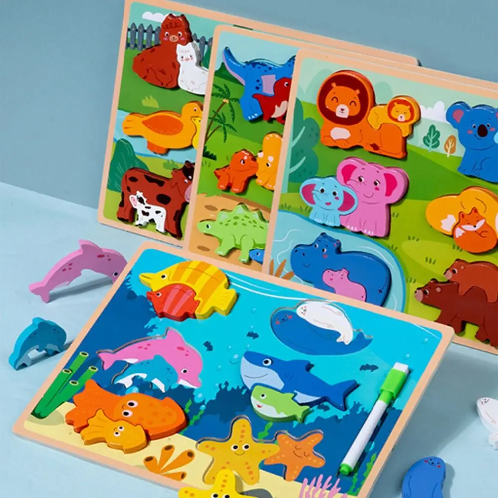 

Multiple-topic Wooden Cartoon 3D Puzzle Drawing Board Cartoon Animal Jigsaw Early Education Toy 2 In 1 Baby Montessori Toys