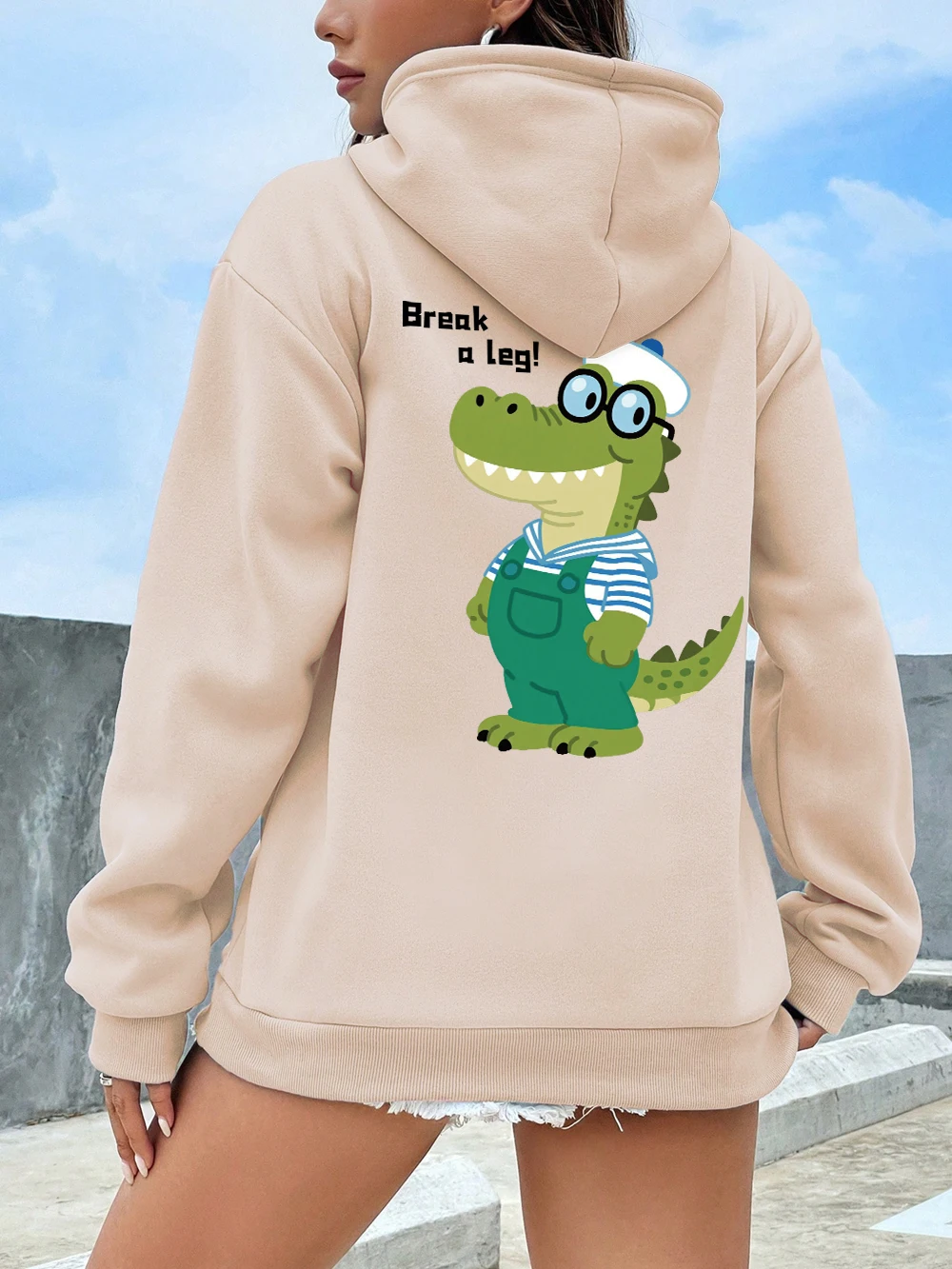 Brechen Sie ein Bein Navy Brille Dinosaurier Drucke Hoodies Frauen Winter Fleece Warme Sweatshirt Beiläufige Lose Tops Straße Tasche Kleidung
