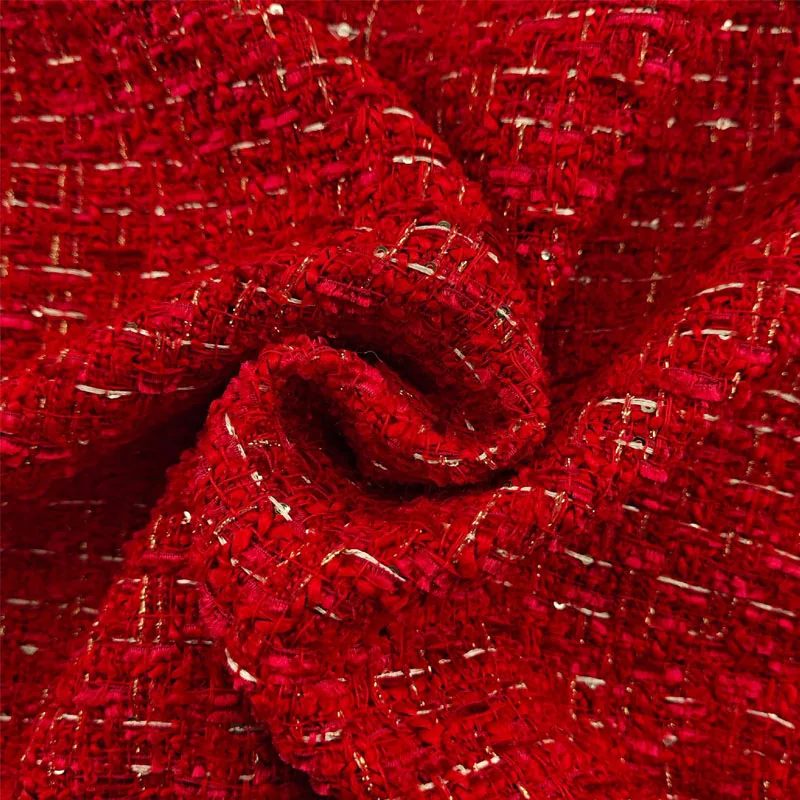 

Красный цвет и золотая проволока, окрашенная в пряже плетеная твидовая ткань для женщин, осенняя куртка, костюмы, пальто, ткань «сделай сам», швейный материал