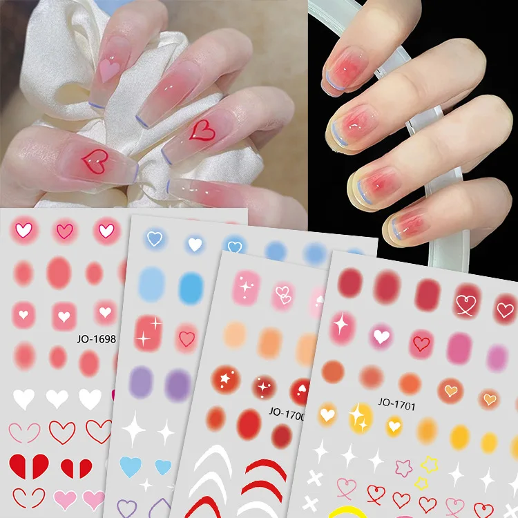 Gradient Heart Love Flower Nail Stickers Decor Foils Transfer Press on Korean 3D Stickers Manicure Sliders Decoration Spring