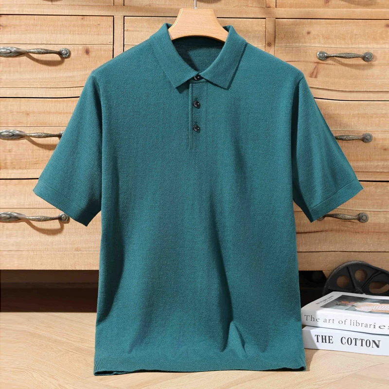 Men's T-shirt summer worsted wool sweater short-sleeved casual solid color men's clothes POLO collar knitted Tops loose Blouse