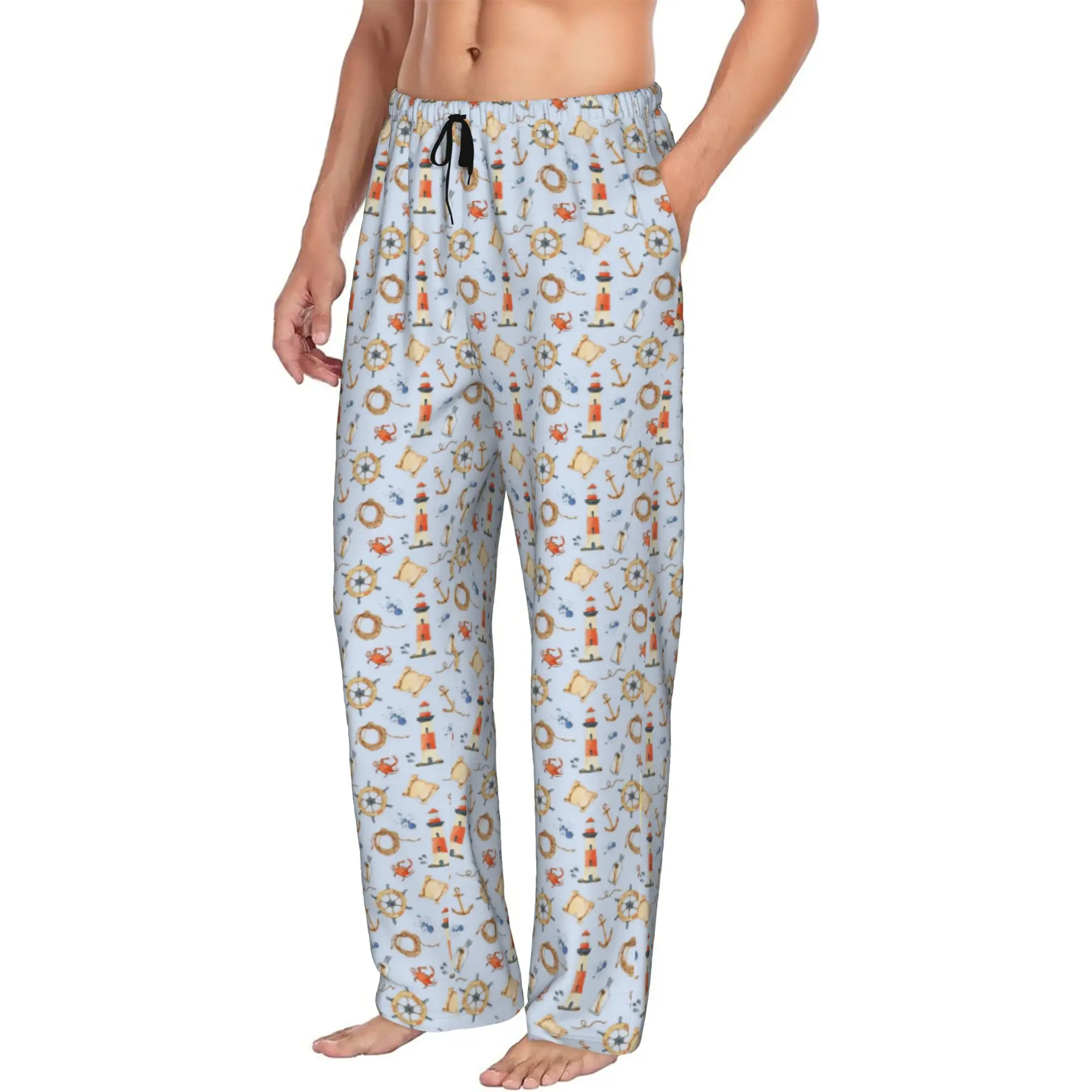 Custom Men's Nautical Pattern Wallpaper Pajama Pants Print  Sleep Sleepwear Bottoms with Pockets