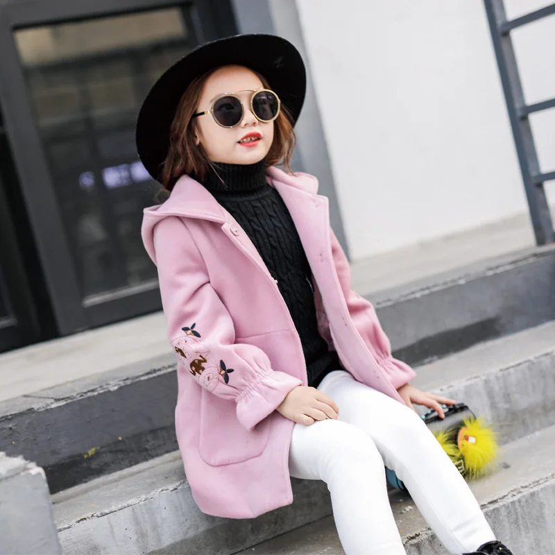 

2023 New Autumn Winter Girls Woolen Coat Pink Red Flores Design Petal Sleeves Long Jacket for Kids windbreaker baby girl clothes