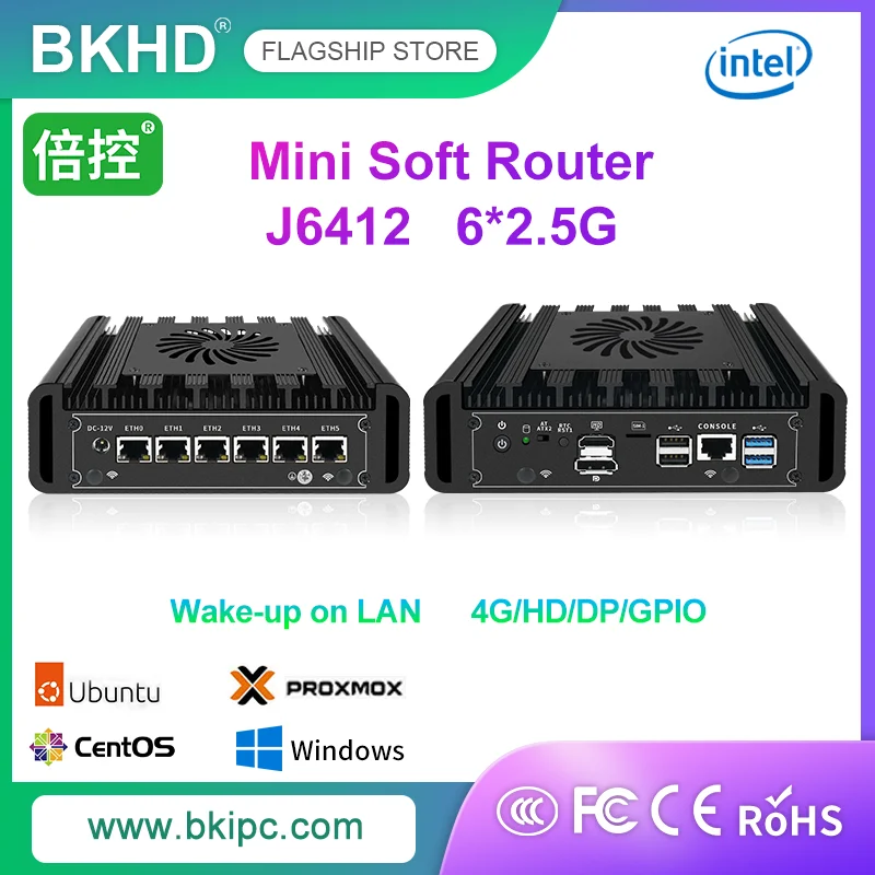 

BKHD H32 J6412 Soft Router Industrial Control Computer Mini Host IoT 4G/HD/DP/GPIO Embedded ROS Enterprise Linux Ubuntu Centos