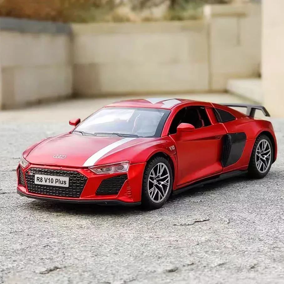 

Модель 1/32 R8 V10 PLUS, игрушечные автомобили, резиновые шины, 4 двери, открывающийся суперкар с эффектом заднего вида, детский спортивный автомобиль со звуком, подарки для малышей