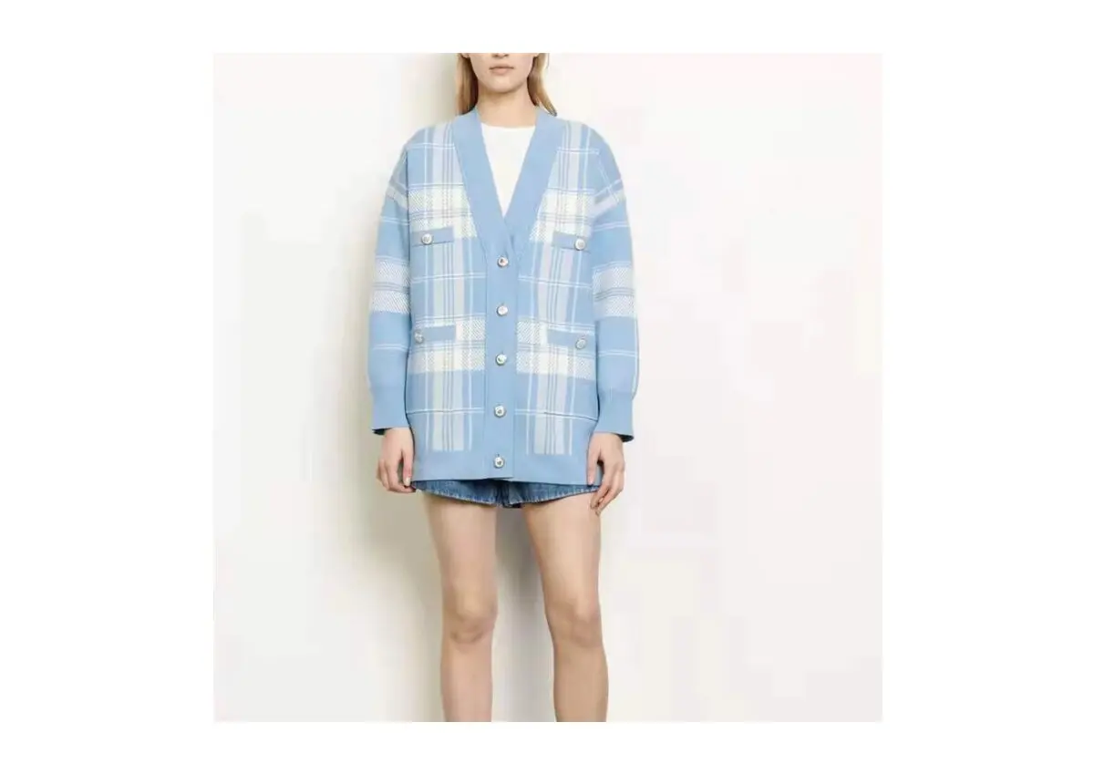 V-neck female buckle blue plaid cardigan long sleeve sweater autumn / winter knit loose oversize long jump casual 2