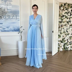 Qunque V-neck shawl Sleeves A Line Evening Dresses Luxury Whole Pleat Chiffon Party Dress For Women Sky Blue платье вечернее