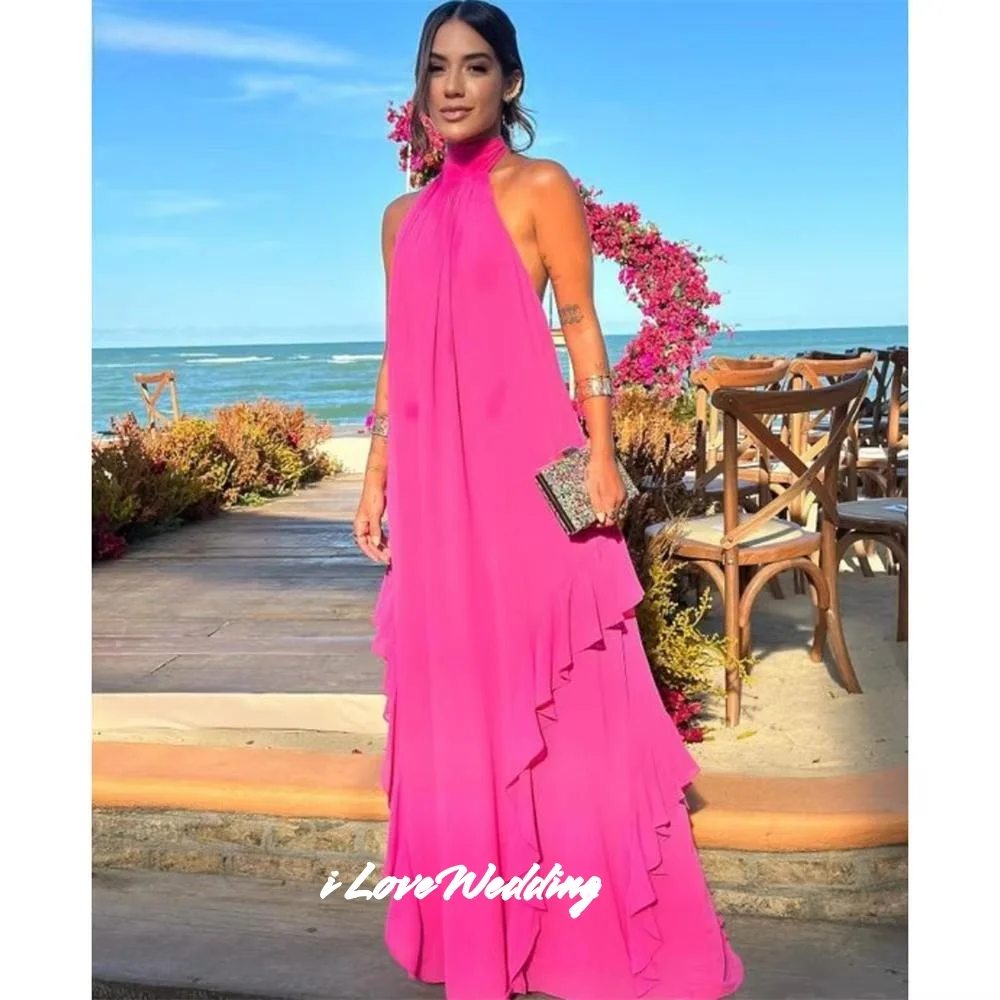 

Pink Halter Evening Dress 2025 Chiffon Sleeveless A-Line Floor-Length Backless Pleated Prom Dress Wedding Party Dress Customized