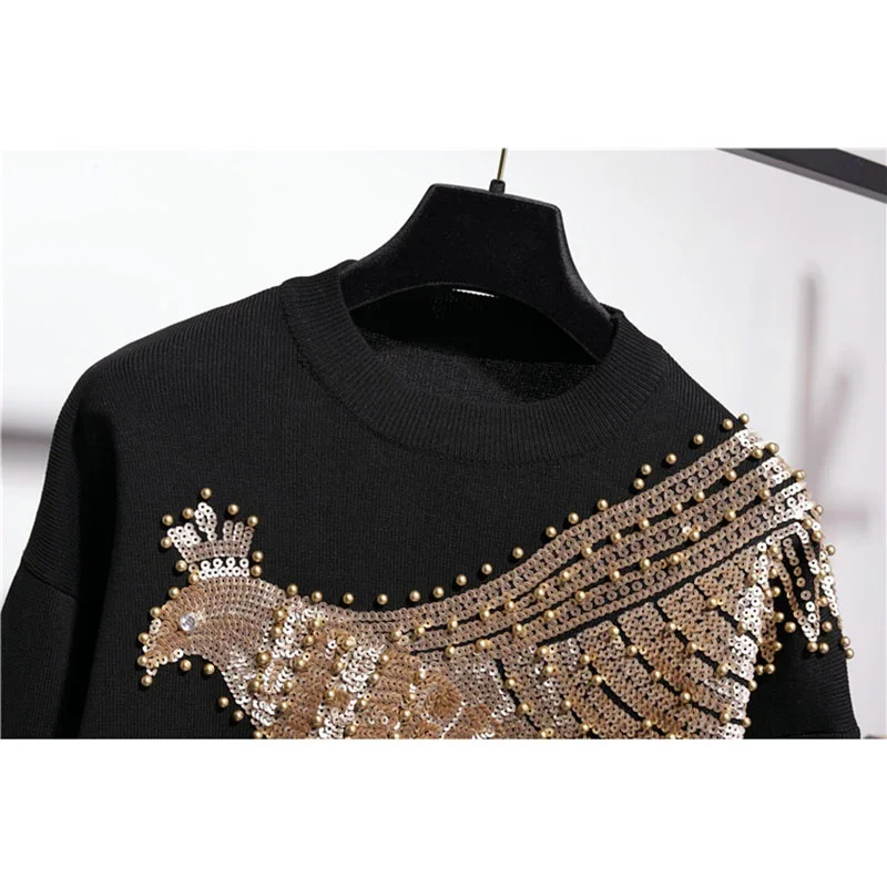 Black Beading Sequins Phoenix Knitted Tracksuit Women Outfits Autumn O Neck Pullover Long Pencil Pant Casual Knitwear 2Pcs set