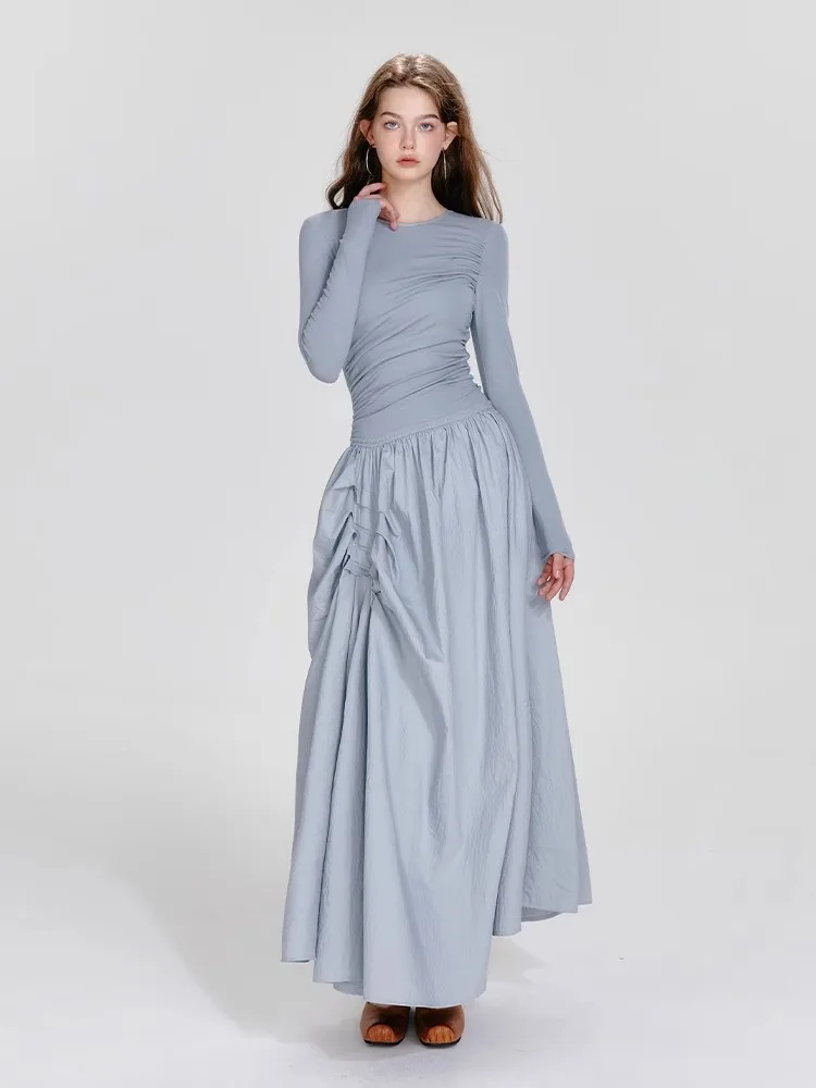 Ballet Style Round Neck Dress, Women'S Autumn And Winter New Style, High-End, Irregular Pleated Long Sleeved Dress